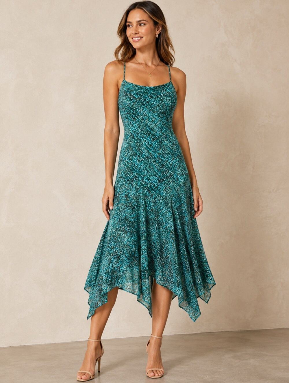 Fairycore Y2K Indie Jones Wear Dress Bias Cut Slip Dress 8 Teal Abstract Print